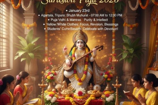 Make a photo of the size 1200x628px on the topic Saraswati Puja 2026 falls on January 23. Discover exact date, shubh muhurat timings for Agartala Tripura, puja vidhi, mantras, yellow/white clothes benefits, and tips for students to gain knowledge & success. Celebrate Basant Panchami with devotion!