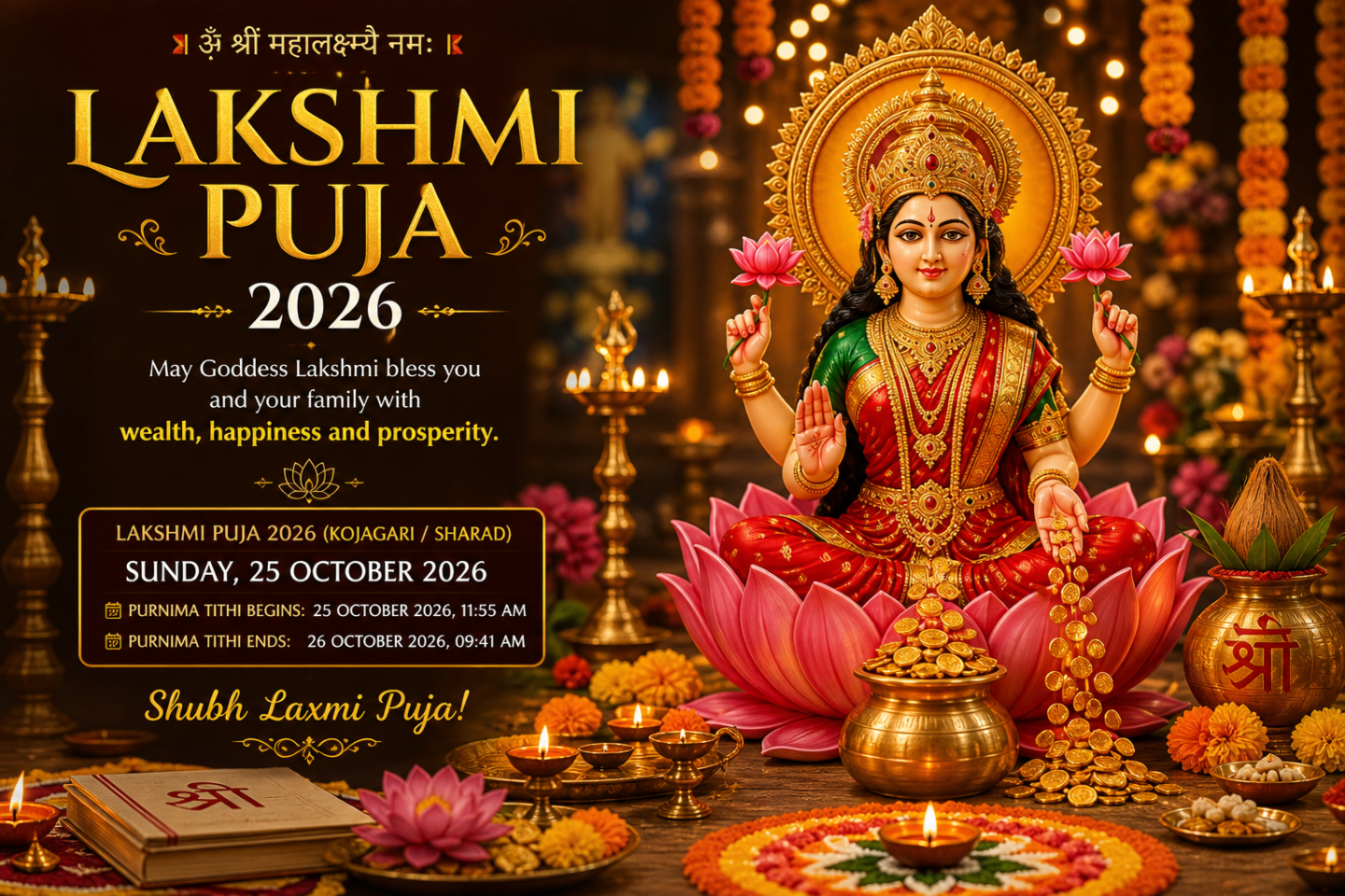 Lakshmi Puja 2026: Dates, Timings, Rituals and Significance